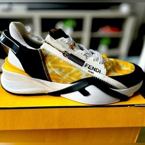 Fendi Flow FF Vertigo Mix Media Sneakers Mimosa Yellow Black ~ US Size 9